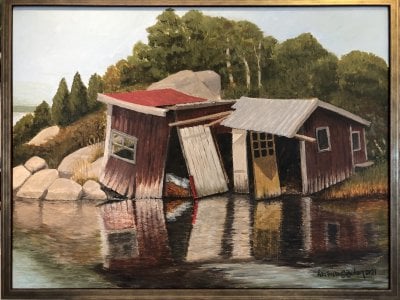 Tavla akryl sjunkande sjöbodar